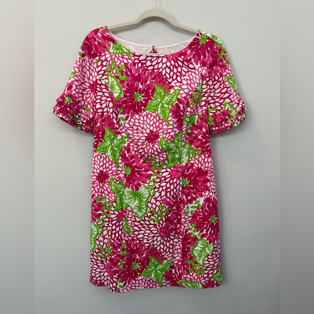 Lilly Pulitzer Jubilee Shift Dress, Pink Green Zinnia Print Ruffle Slee…